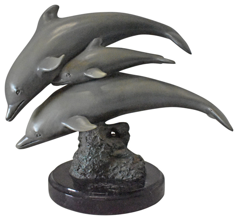 Three Grey Dolphins Swimming Bronze Statue on Marble - Size: 16"L x 9"W x 13"H