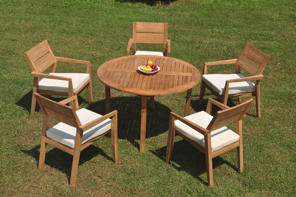 6-Piece Outdoor Teak Dining Set: 48" Round Table, 5 Celo Stacking Arm Chairs