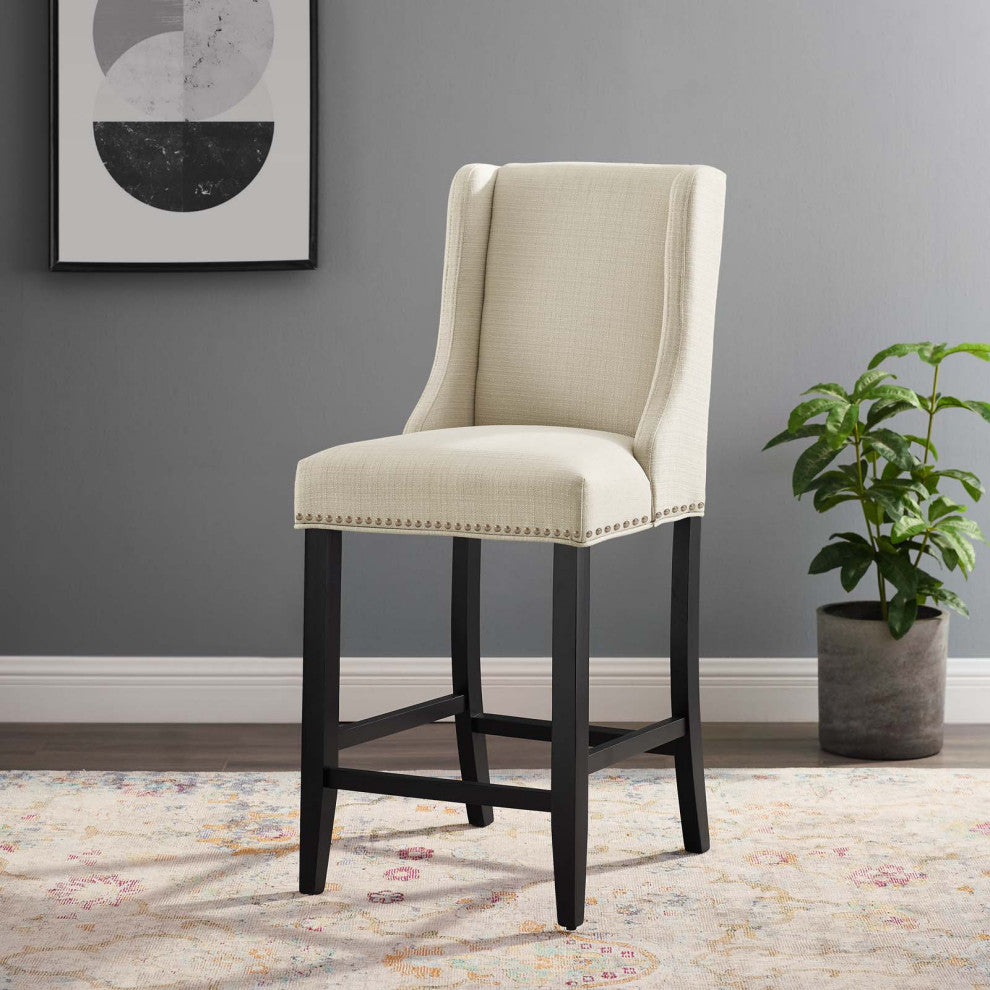 Counter Stool Chair, Fabric, Wood, Beige, Modern, Bar Pub Cafe Bistro Restaurant
