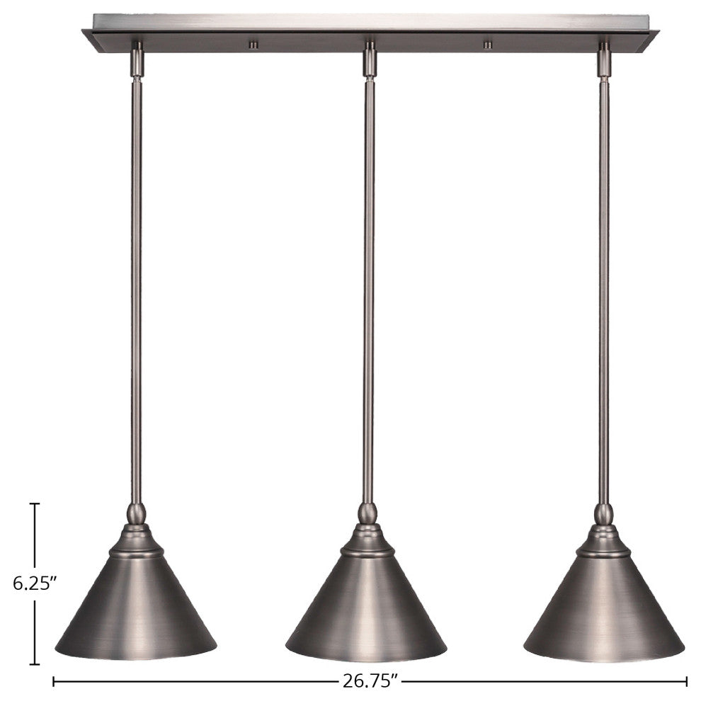 3-Light Mini Pendant, Brushed Nickel, 7" Brushed Nickel Beehive Metal Shade