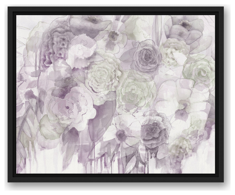 Purple And Green Flowers With Abstract Drip 3 16x20 Black Floating Framed Canvas
