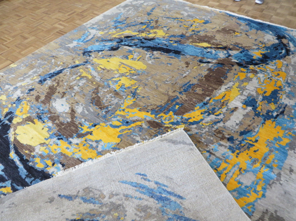 9x12 Handmade Multi Colored Modern Abstract Oriental Rug With Silk