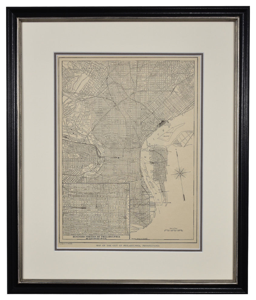 Original Vintage 1920s Philadelphia Map, Framed