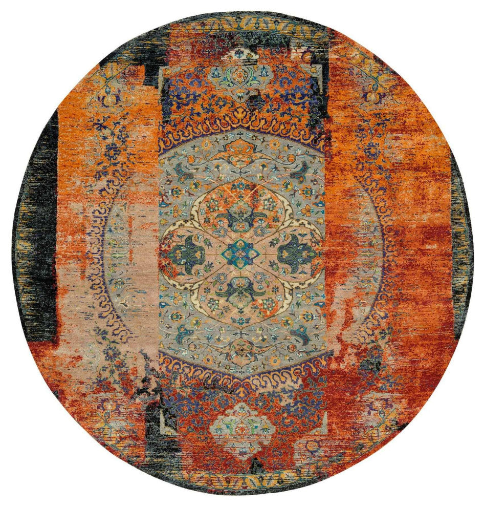 Orange Ancient Ottoman Erased Design Wool Hand Knotted Round Rug 10'x10'