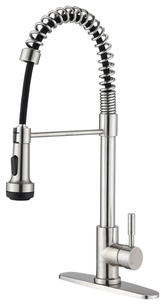 Single Handle Deck Mounted Spring Neck Pull Down Kitchen Faucet with Deckplate,