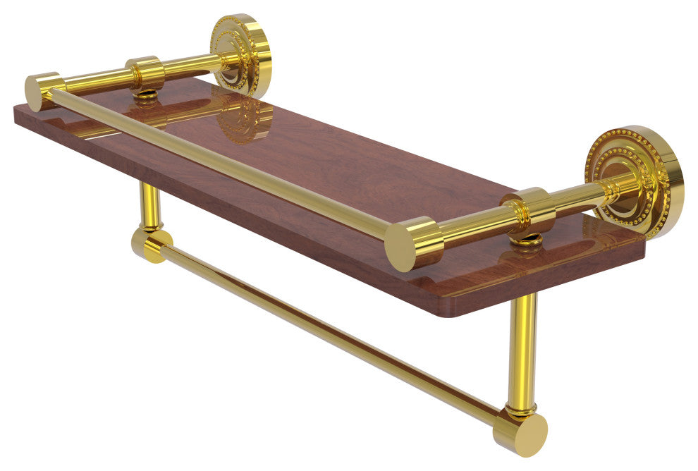 Dottingham 16" Wood Shelf with Gallery Rail and Towel Bar, Polished Brass