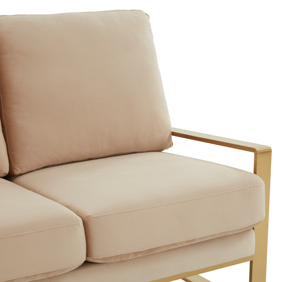 LeisureMod Jefferson Modern Design Velvet Loveseat With Gold Frame, Beige