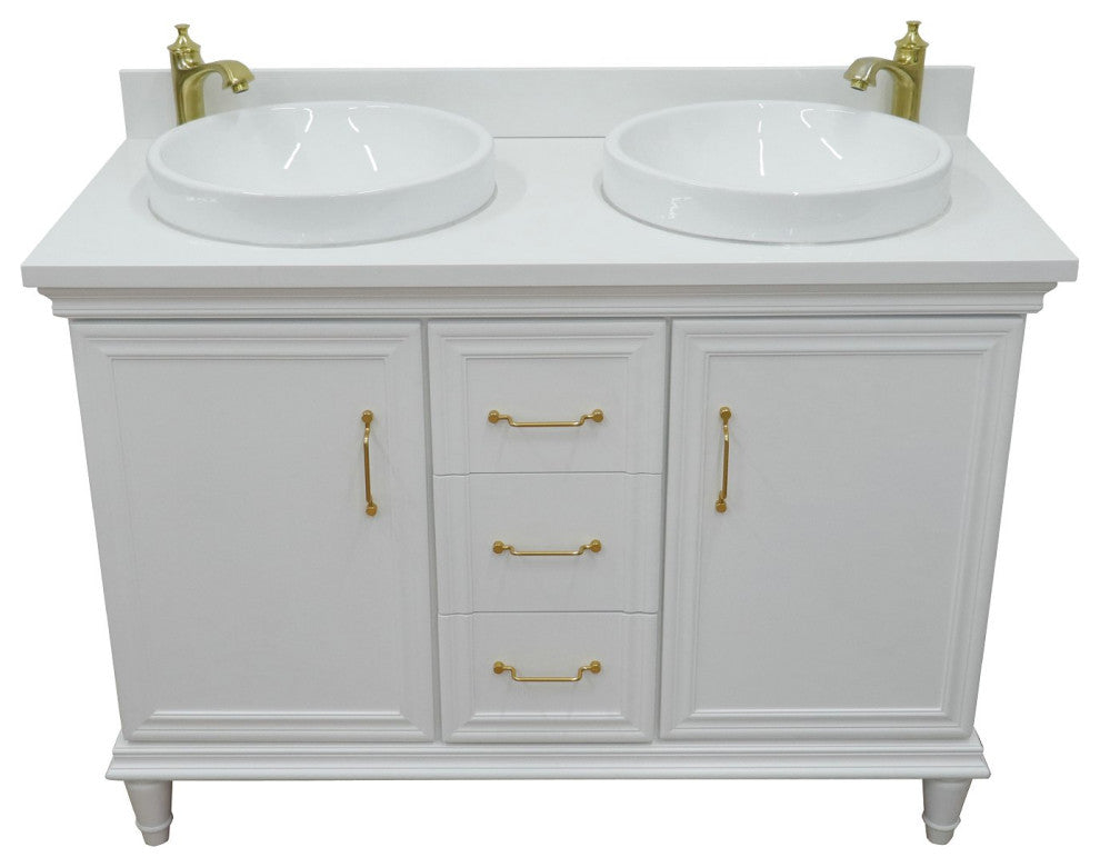 49" Double Vanity In White Finish With White Engineered Stone Top And Round Sink