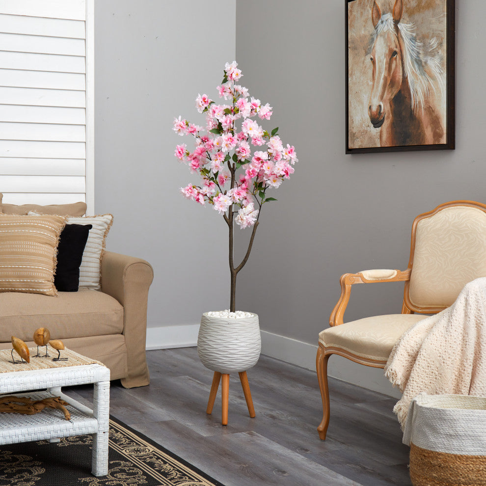 63" Cherry Blossom Artificial Tree, White Planter With Stand