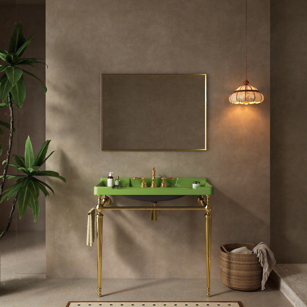 Wall-Mounted Green Ceramic Vanity Basin with Stainless Steel Support Legs, Gold