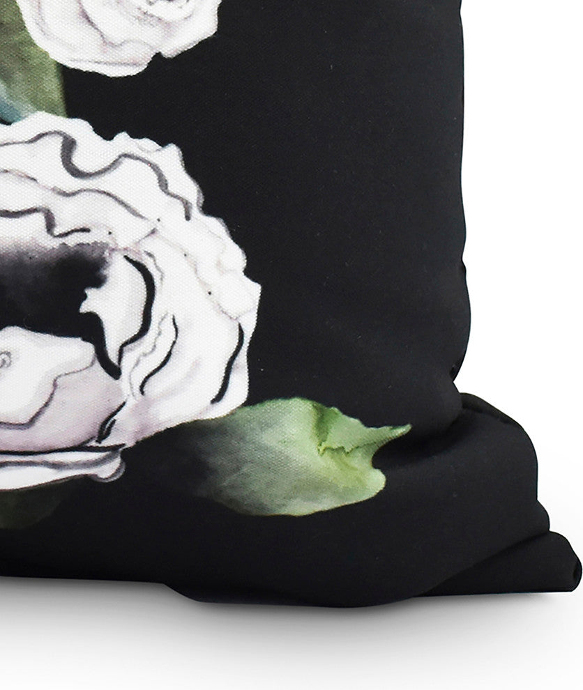 Radiant Rose 18" Black Floral Print Decorative Throw Pillow