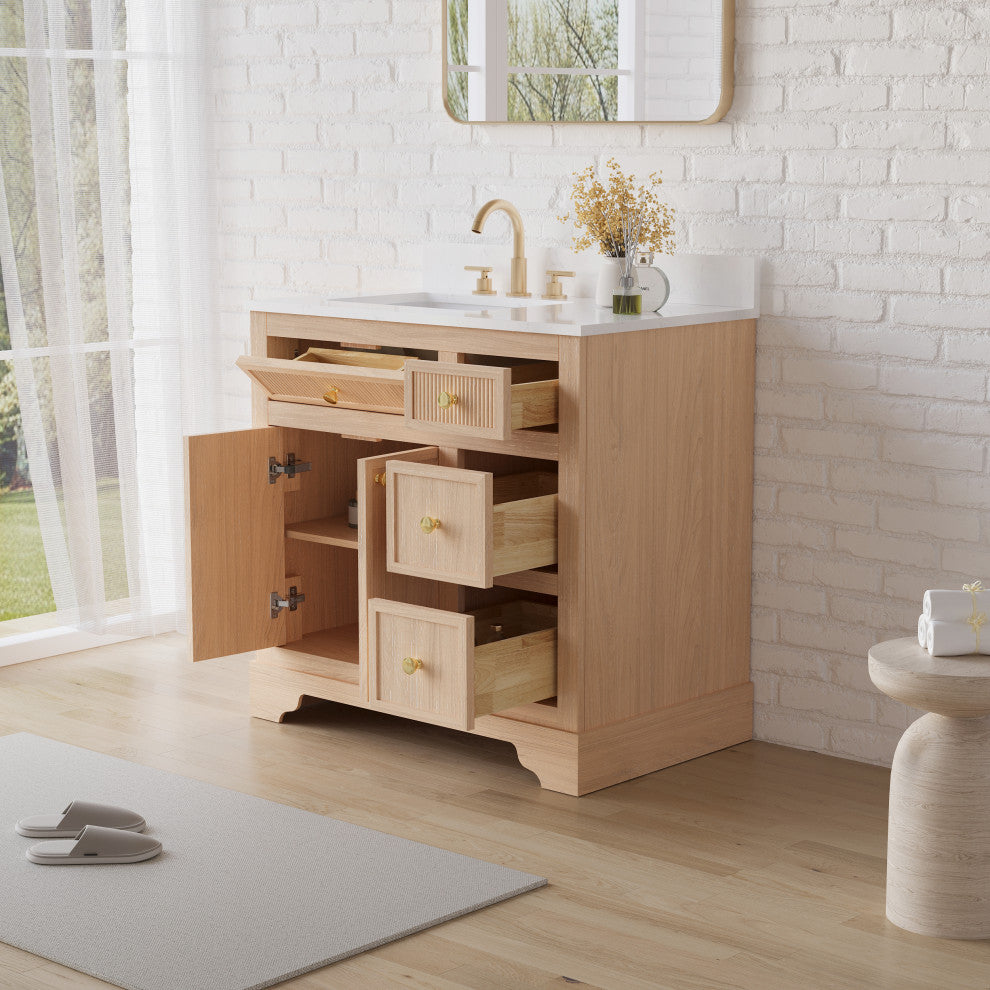 Solid Wood Bathroom Vanity with Carrara White Quartz Top, CUPC-certified Sink, 36"