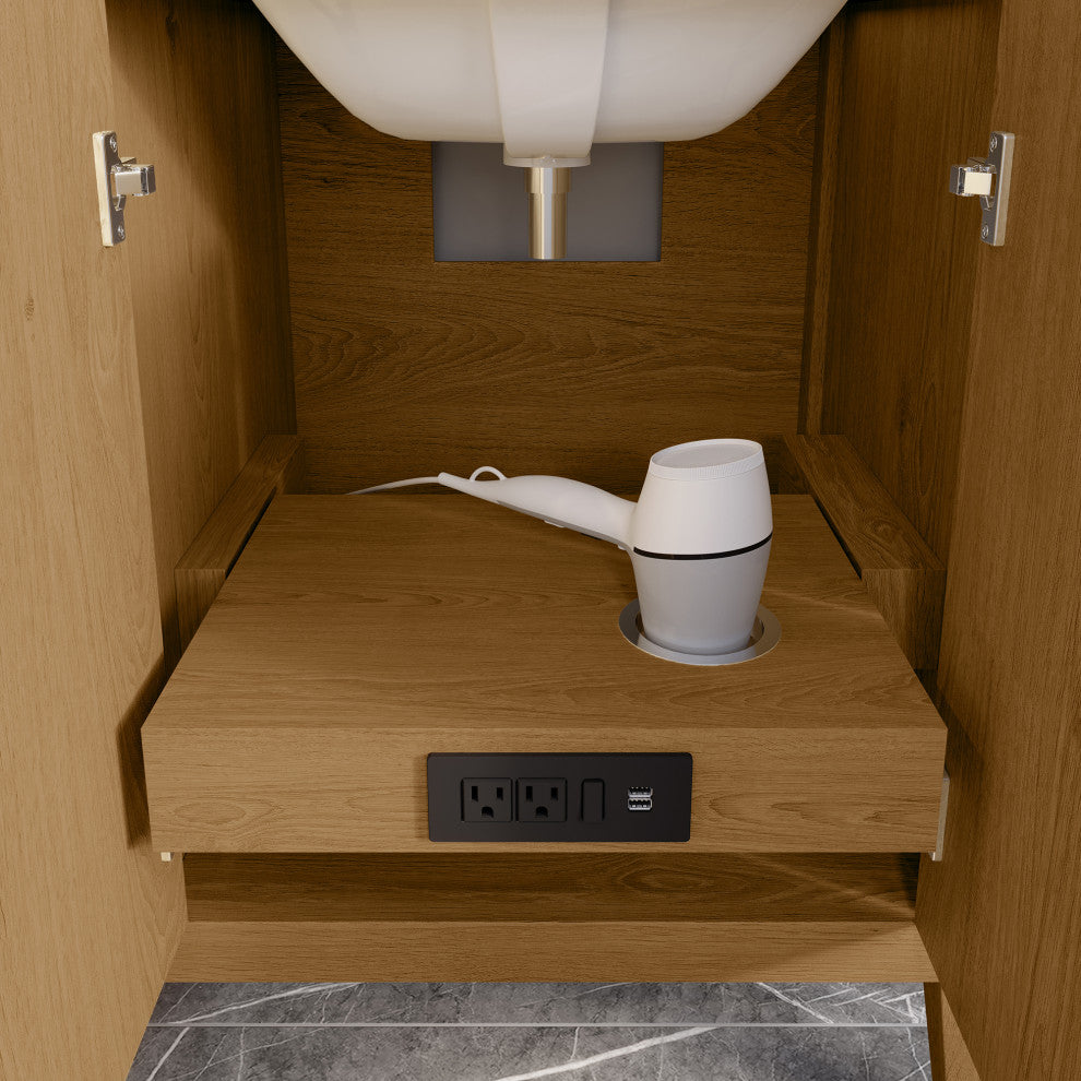 Vienna 60" Double Vanity With With Power Bar and Drawer Organizer, White Oak