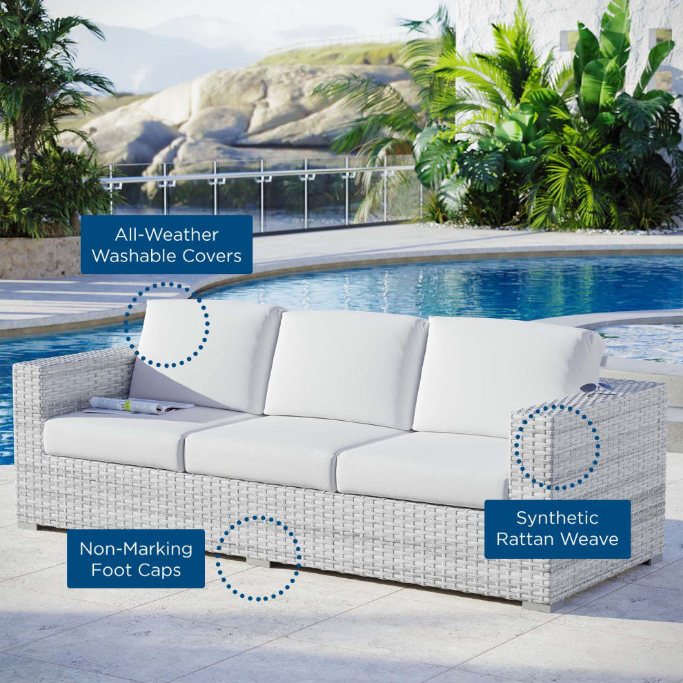 Lounge Sofa, Rattan, Wicker, Gray White, Modern, Outdoor Patio Cafe Bistro