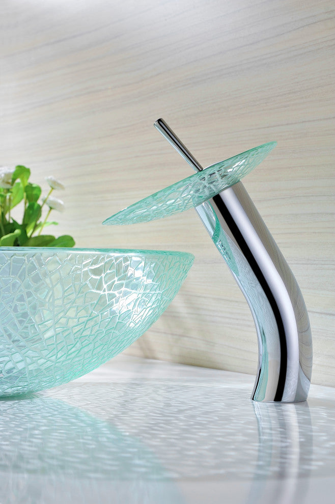 ANZZI Paeva Glass Vessel Sink, Clear Chipasi with Waterfall Faucet