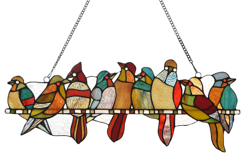 CHLOE Lighting Birds on a Vine Tiffany Animal Design Window Panel 24"x10"