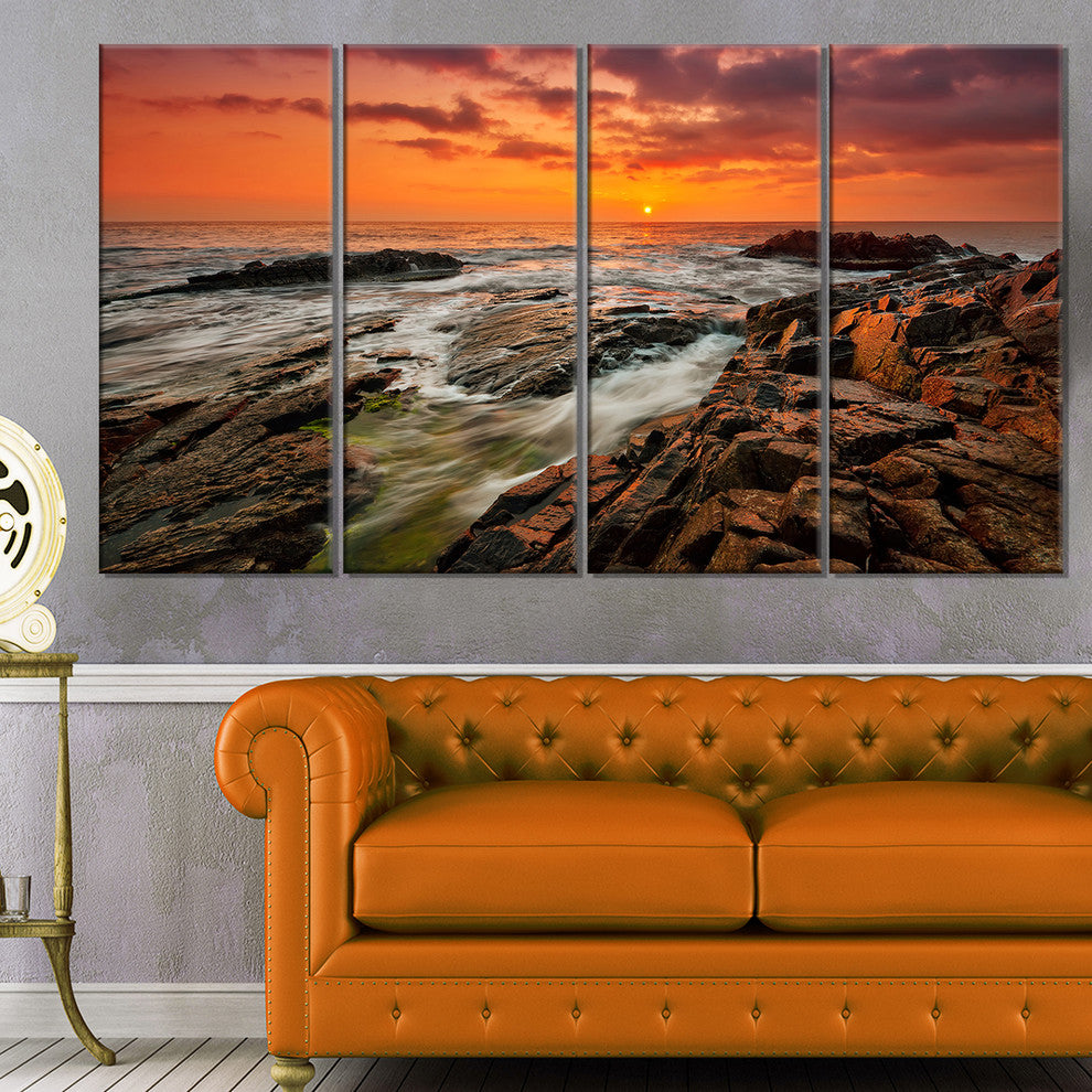 "Stormy Waves Rushing Into Rocks" Beach Canvas Wall Art, 4 Panels, 48"x28"