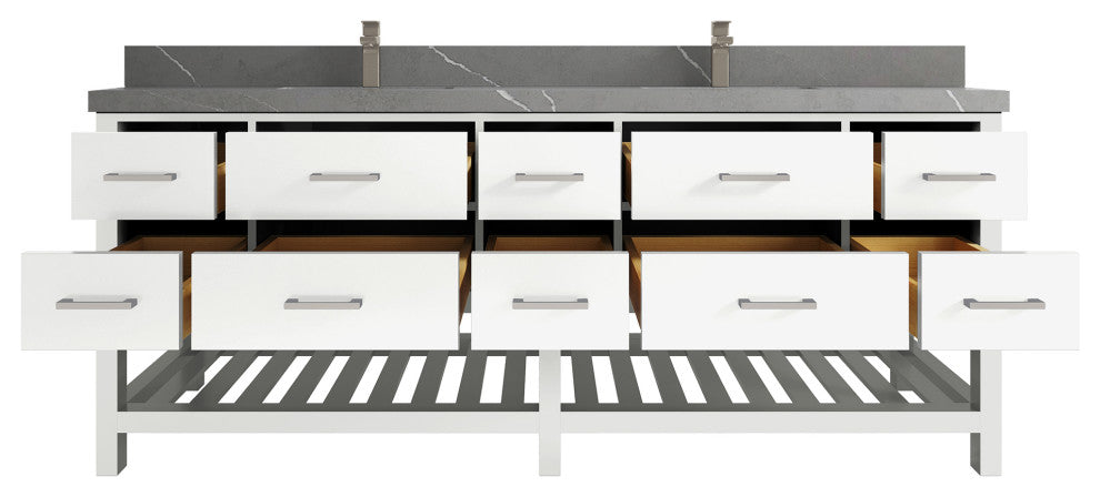 Parker 84 Double Sink Bath Vanity in White 2" Piatra Gray