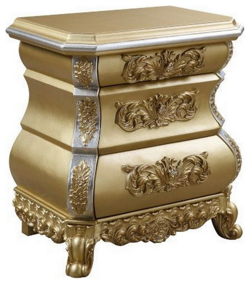 Benzara BM251161 Nightstand With Bombe Shaped and 3 Carved Drawers, Gold