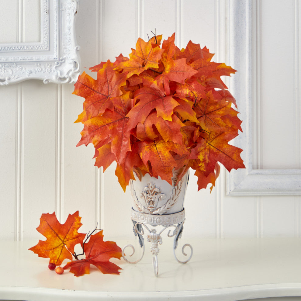 20" Autumn Maple Leaf Artificial Plant, Metal Planter