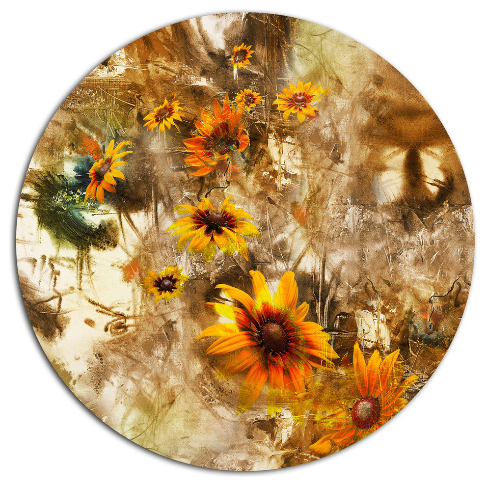 Yellow Flowers With Brown Background, Floral Disc Metal Wall Art, 38"