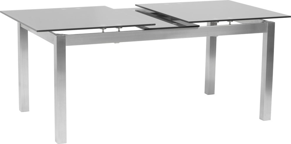 Ivan Extension Dining Table, Brushed Stainless Steel and Gray Tempered Glass Top