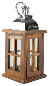 18" Modern Sheesham Wood Candle Lantern With Silver Metal Handle