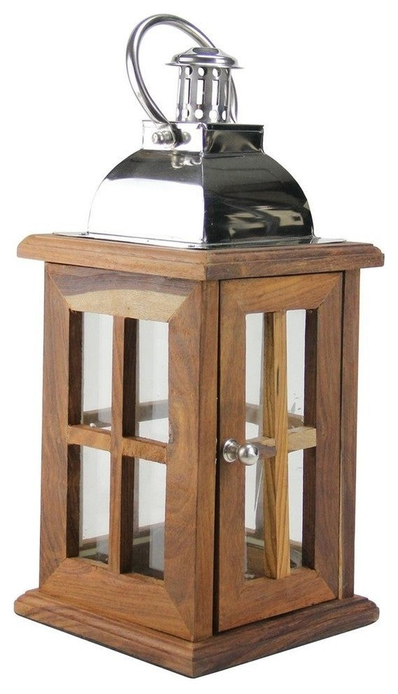 18" Modern Sheesham Wood Candle Lantern With Silver Metal Handle