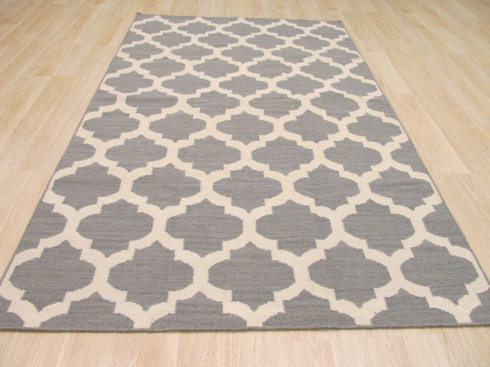 Handmade Wool Gray Contemporary Trellis Flatweave Reversible Moroccan Rug, 10'x14'