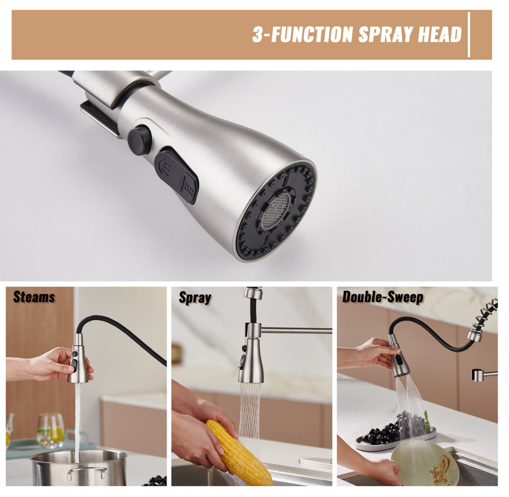 Single Handle Kitchen Sink Faucet Pull-Down Sprayer, 360 Swivel, 3 Functions, Brushed Nickel