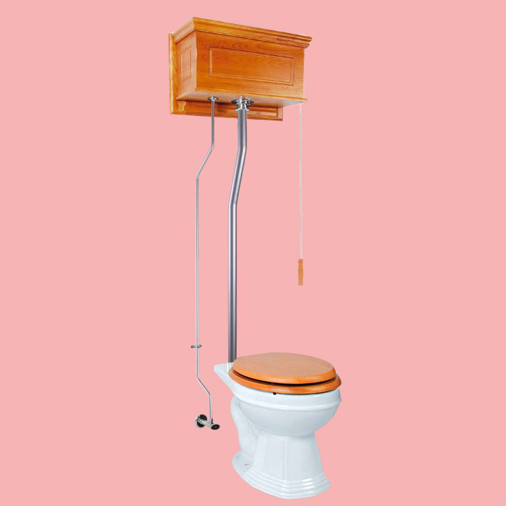Light Oak Raised High Tank Toilet with White Round Bowl & Satin LPipe