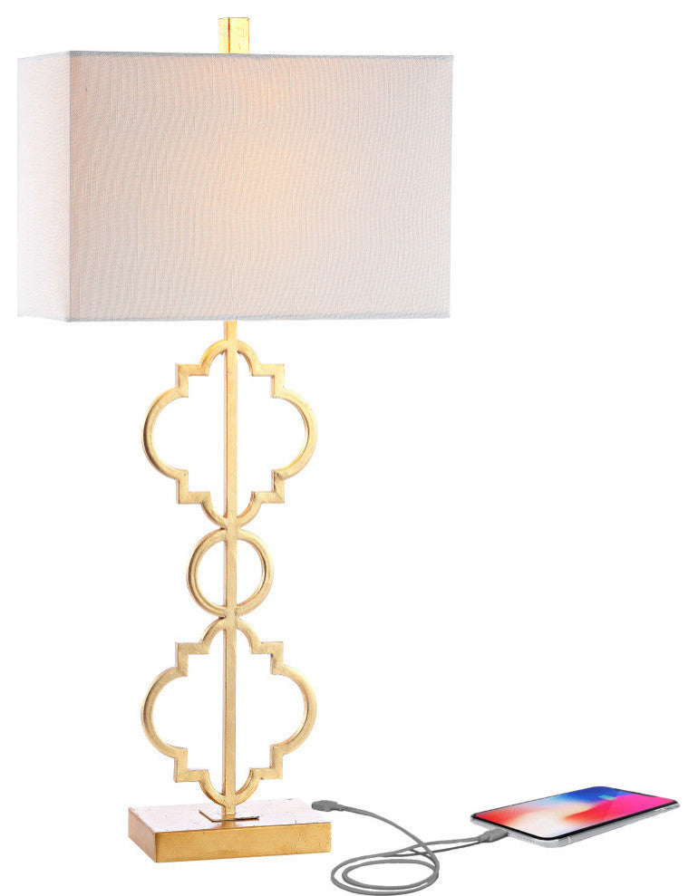 Selina 32" Iron Ogee Trellis Modern LED USB Table Lamp, Gold by JONATHAN Y