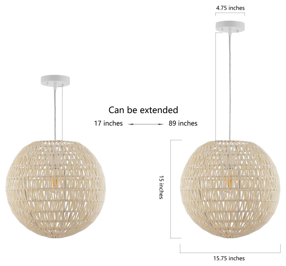 Luna 15.75" 1-Light Bohemian Modern Woven Rattan/Iron LED Pendant, Cream/White