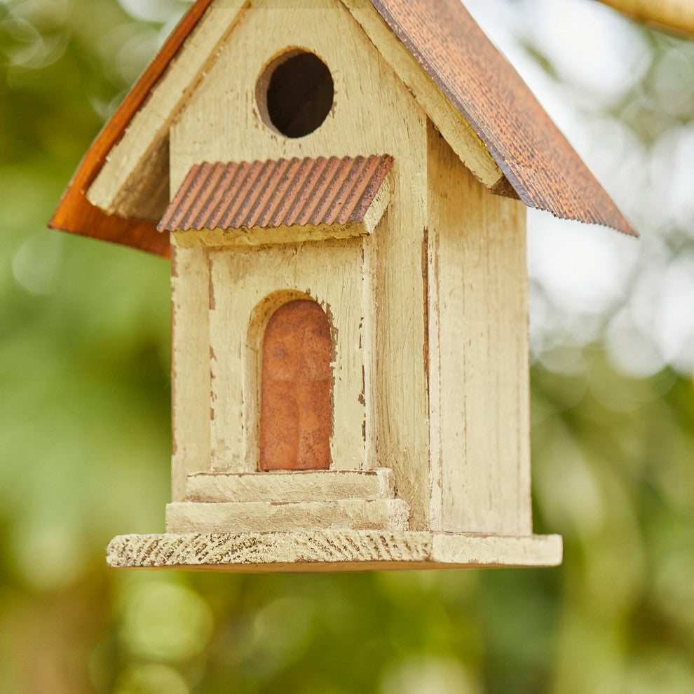 Rustic Garden Wooden Birdhouse, Metal Spear