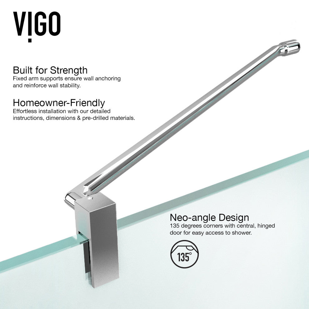 VIGO Piedmont Frameless Hinged Neo-Angle Shower Enclosure, Chrome, 38" D X 38" W, Without Base