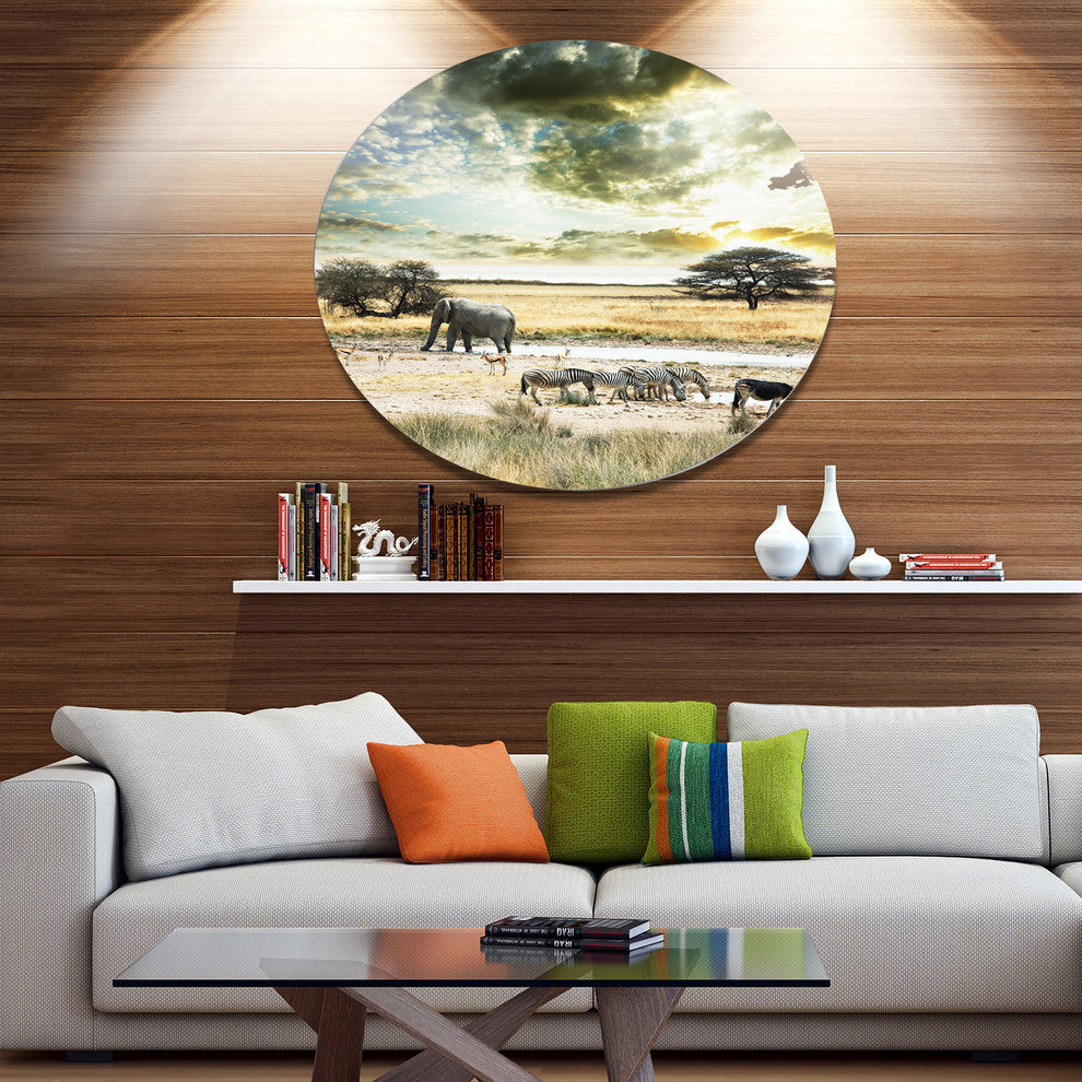 Wild African Zebras And Elephant, African Disc Metal Artwork, 11"