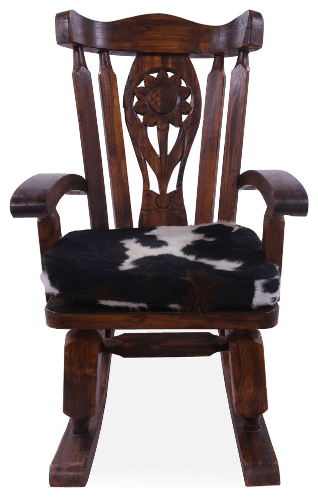 Wooden Rocking Chair Handcarved Back Removable Hair-On Cowhide Pillow RC132-CP