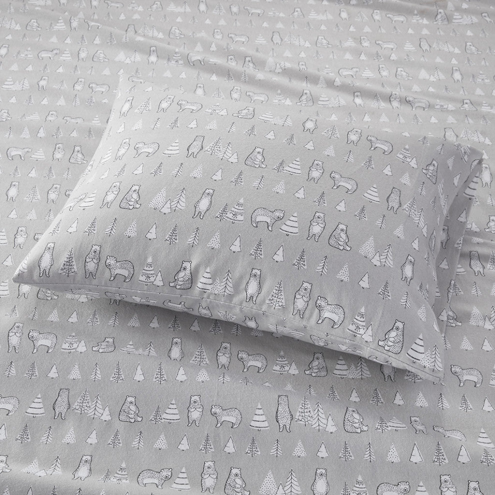 True North by Sleep Philosophy Cotton Flannel Kids Sheet Set, Grey Bears