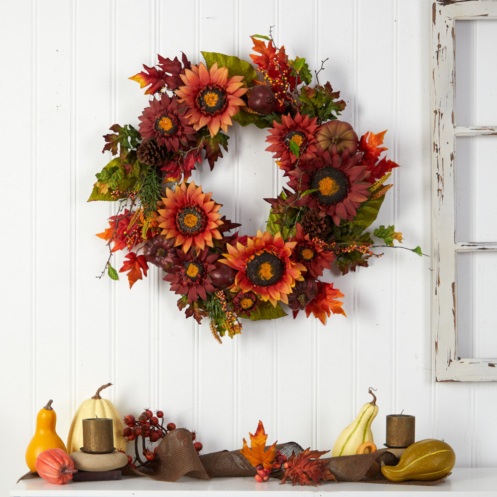24" Autumn Sunflower, Pumpkin, Pinecone and Berries Fall Artificial Wreath