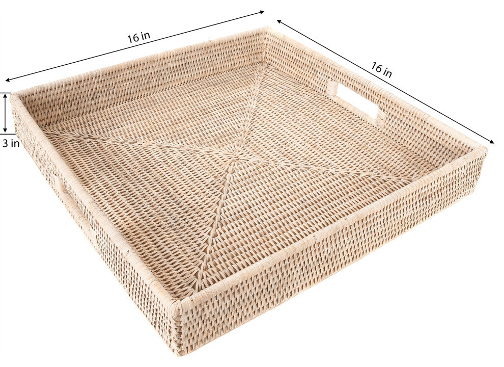 Artifacts Rattan™ Square Ottoman Tray with Cutout Handles, White Wash, 16"x16