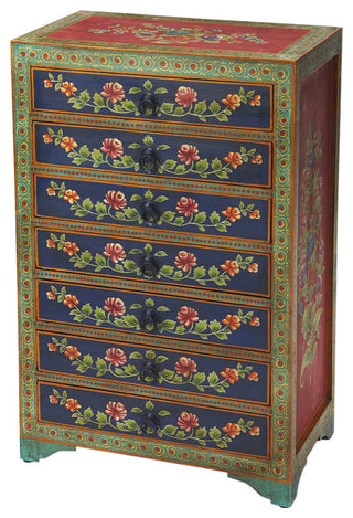 Angled view of the full chest on a white background; decorative hand-painted design visible.