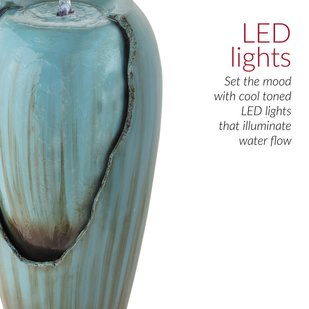 33" Tall Water Jar Fountain with LED Light, Turquoise