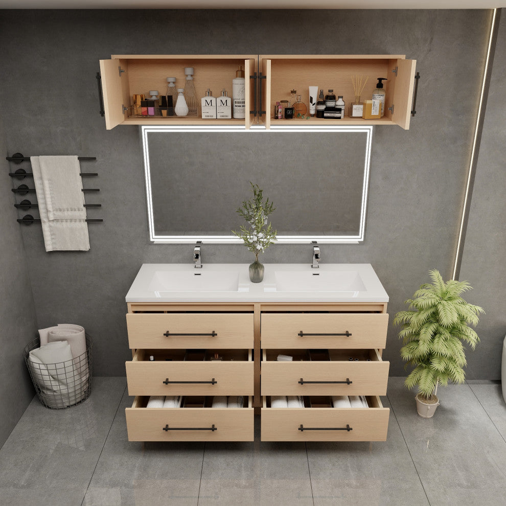 Victoria 60" Double Sink Solid Wood Vanity, Overhead Cabinet, Yellow Oak