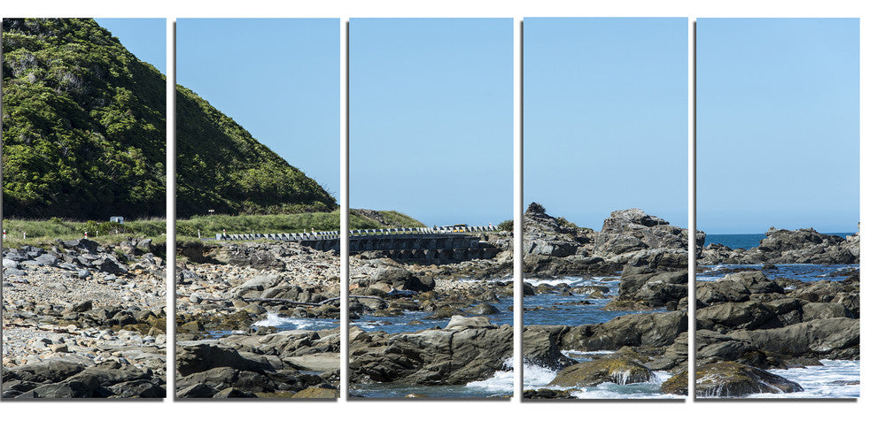 "Beautiful New Zealand Rocky Beach" Modern Seascape Wall Art, 5 Panels, 60"x28"