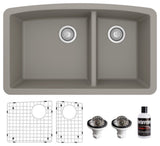 Karran Undermount Quartz 32" 60/40 Double Bowl Kitchen Sink Kit, Concrete