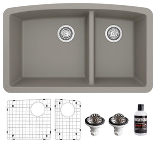 Karran Undermount Quartz 32" 60/40 Double Bowl Kitchen Sink Kit, Concrete