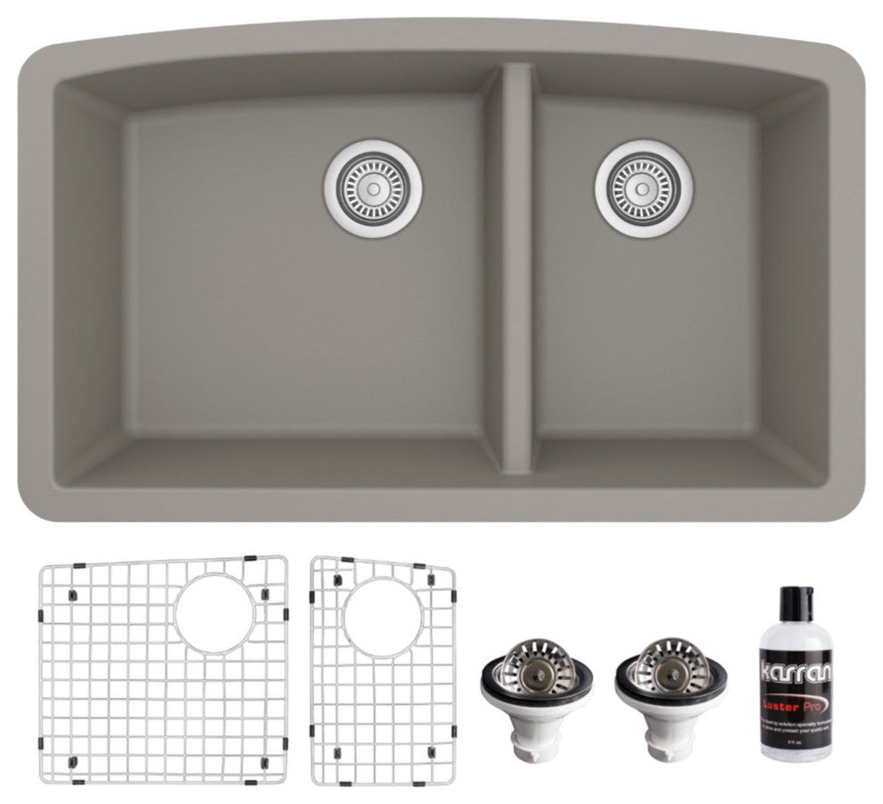 Karran Undermount Quartz 32" 60/40 Double Bowl Kitchen Sink Kit, Concrete