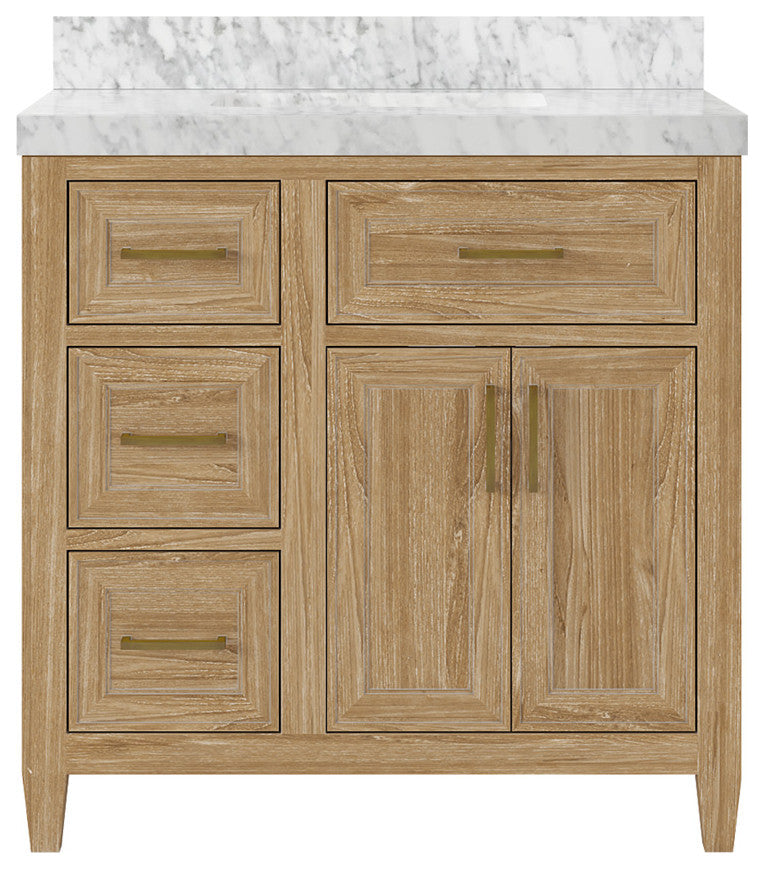 Santa Monica 36 Center Sink Bath Vanity in Whitewashed Teak 2" Carrara Marble