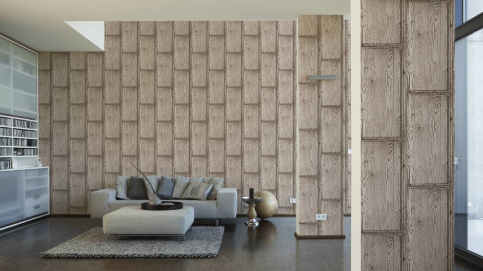 Loft Textured Wallpaper Featuring Rustic Wood, Beige Gray Brown, One Roll