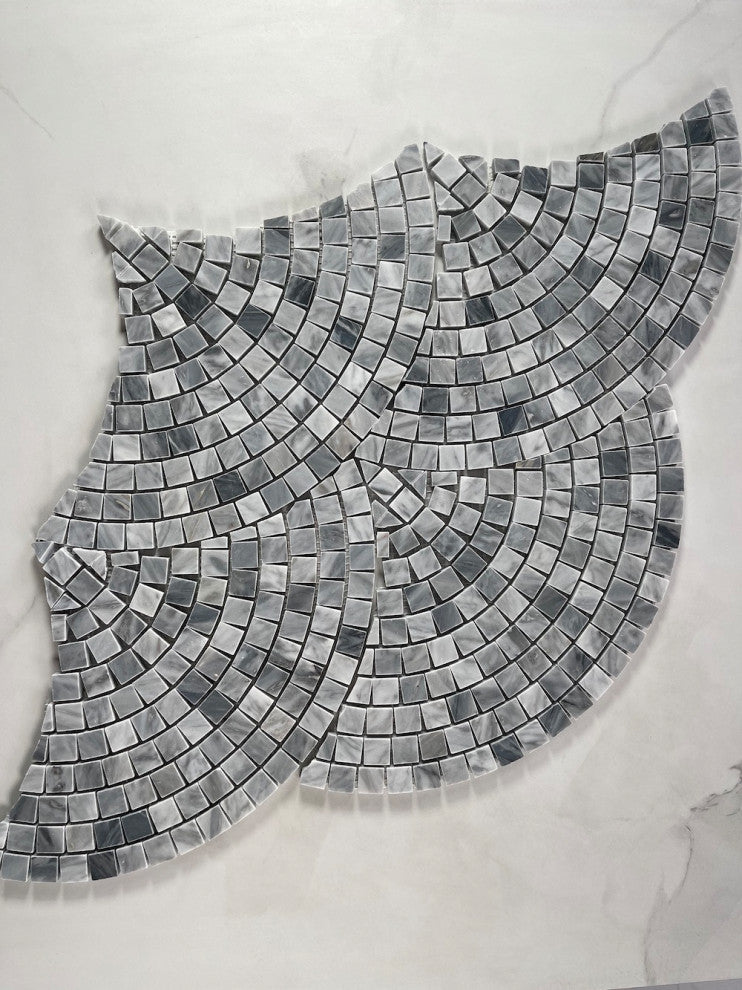 Bardiglio Gray Marble Fish Scale Scallop Fan Pattern Mosaic Tile Honed, 1 sheet